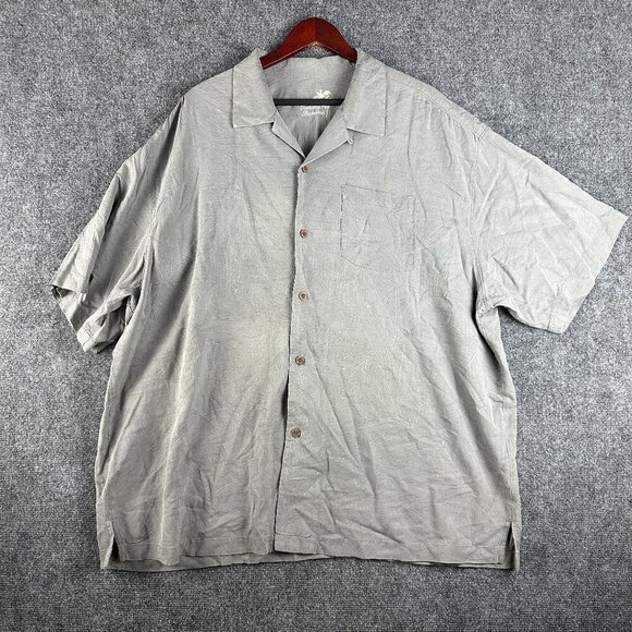 Tommy Bahama Shirt Mens XXL Gray Silk Print Button Up Short Sleeve Pocket - Picture 1 of 10